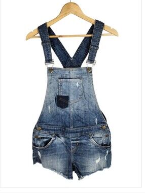 Guess Jeans Denim Shortalls Distressed Raw Hem Ombre Wash Size Medium